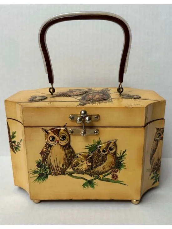 Wood Box 3D Decoupage Purse Octagon Brass Clasp Owls Vintage 60s/70s - Picture 1 of 16